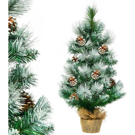 COSTWAY Mini Arbre de Noël Artificiel de Table H60CM en PVC avec 34 Branches,Décoré de Pommes de Pin Base de Ciment en Toile de Jute (1/5)