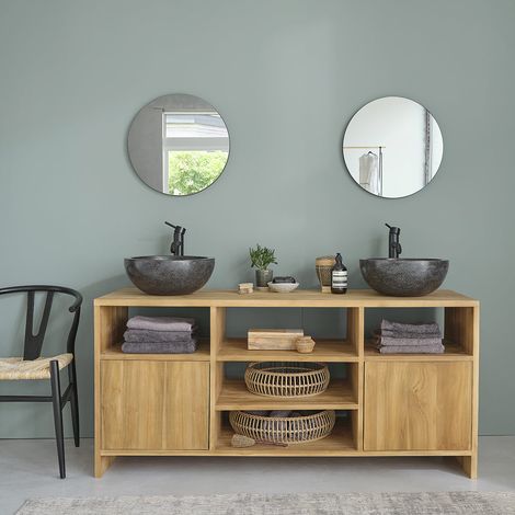 Berah Getah – Meuble sous vasque en teck brut massif 160 cm – 2 placards et 5 niches de rangement – Traitement anti humidité