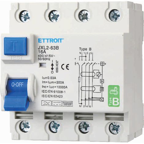 ETTROIT JX341669 Disjoncteur différentiel pur 4P 16A 30mA COURBE B 6KA AC/DC 380V