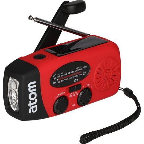 Radio d'urgence Atom avec éclairage LED et batterie externe.
