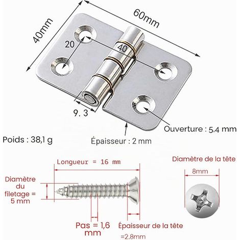 charnières en acier inoxydable joints en cuivre 40 x 60 x 2 mm armoires industrielles et ménagères vis en acier inoxydable (1/3)