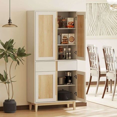 Buffet haut cuisine, armoire de cuisine avec 4 portes, 2 tiroirs et étagères réglables, 80x35x170cm, blanc et chêne (1/5)
