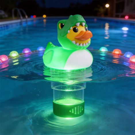 Distributeur de chlore flottant solaire pour piscine, motif dinosaure vert clair, 7,6 cm (3 pouces), idéal pour les décorations estivales, les spas et les jacuzzis (pastilles de chlore non incluses). (1/5)