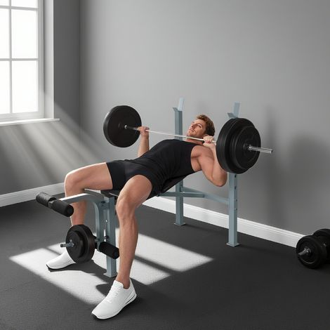 Banc de musculation complet avec dossier réglable et accessoires pour curl biceps. (1/5)