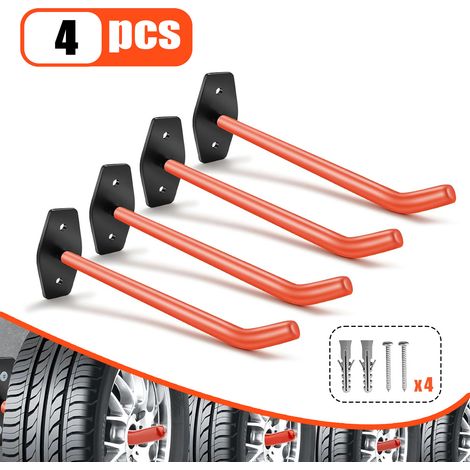 Sistema di ganci a parete per garage, robusto e composto da 4 pezzi, di colore arancione, per riporre pneumatici, attrezzi e biciclette. (1/5)
