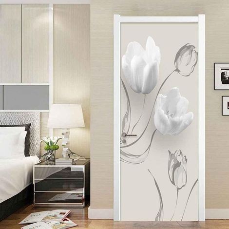 Sticker De Porte Trompe L'Oeil Effet 3D Intérieure Muraux Fleurs Blanches À La Mode Autocollants De Porte Salle De Bain Cuisine Décoration 77X200Cm Auto-Adhésif Art Papier Peint Peintures (1/3)