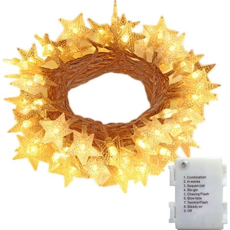 Guirlande Lumineuse - 4 M - 40 Etoiles A Cinq Branches - 8 Modes D Eclairage - Fonction Pile - Pour Decoration Interieure Et Exterieure - Blanc Chaud (1/5)