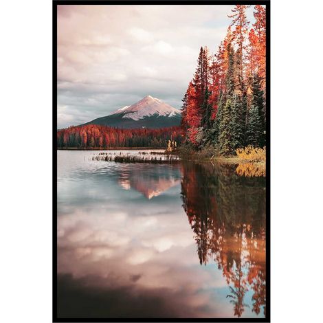 Affiche encadrée paysage de montagne et lac au coucher du soleil