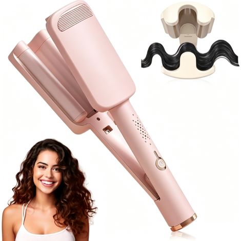 Fer à boucler professionnel 32 mm Deep Waves, 3 têtes, effet plage, température réglable de 160 °C à 220 °C, 4 niveaux de chaleur pour des ondulations sans frisottis, convient aux cheveux longs et cou (1/5)