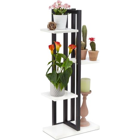Relaxdays Blumenregal Metall, 4-stufige Indoor Blumentreppe, Holzoptik, HxBxT: 93 x 42,5 x 22,5 cm, Pflanzenregal, weiß