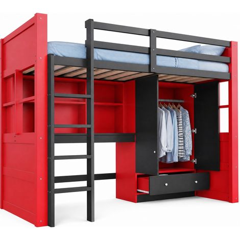 Lit mezzanine enfant 90x200 cm en bois noir et rouge, gain de place pour chambre - FLORAGRACE (1/5)