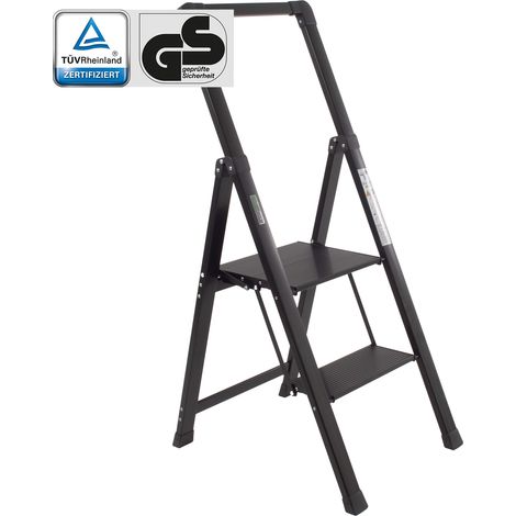 Trittleiter 2-stufig schwarz klappbar mit Handlauf bis 150 kg Aluminium Anti-Rutsch Trittflächen TÜV/GS Klapptritt (1/5)