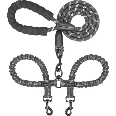 Laisse double pour chiens, pivotante à 360°, anti-nœuds, grande taille, 11-68 kg, noire  Laisse double pour deux chiens, laisse séparée, élastique amortisseur, poignée rembourrée, corde résistante (1/5)