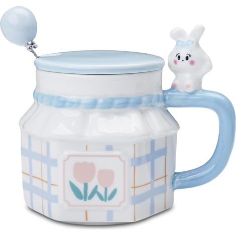 Niedlicher Hasenbecher mit Deckel und Löffel, kreativer sechseckiger personalisierter Becher, Tulpenmuster, originelles Geschenk, 350 ml (Blau)