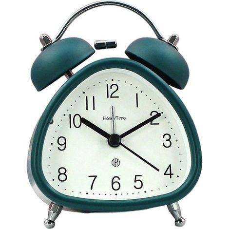 Ce réveil puissant, doté d'une cloche en métal, est idéal pour les adultes au sommeil profond. Fonctionnant sur piles, il est également équipé d'une veilleuse. Il est de couleur vert foncé. (1/5)