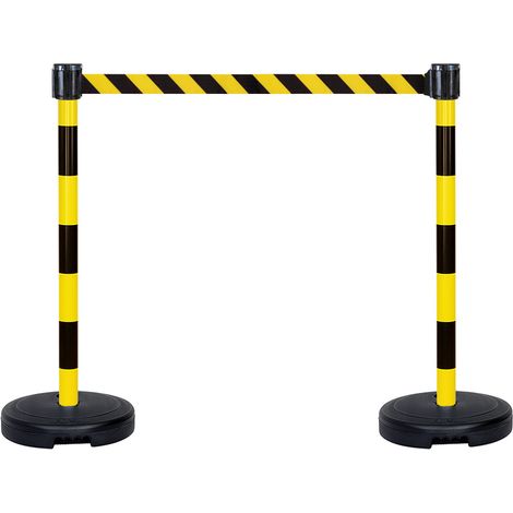 Kit 2 Poteaux PVC Jaune/Noir sur socle 9kg à lester avec tête à sangle Jaune/Noir hachuré 5m x 50mm et tête réceptrice - 2800150 (1/4)