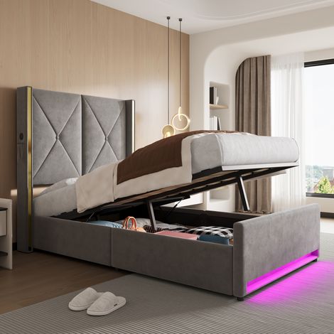 lit rangement coffre 90x200 USB LED velours tête haute OKMYHOME (1/5)