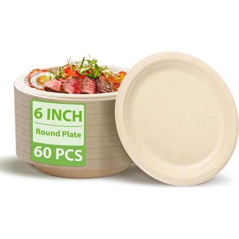 Lot de 60 assiettes jetables en fibre de bambou et pulpe de canne à sucre, 15 cm, vaisselle robuste, 100 % biodégradable, assiettes rondes compostables pour nouilles, collations, desserts