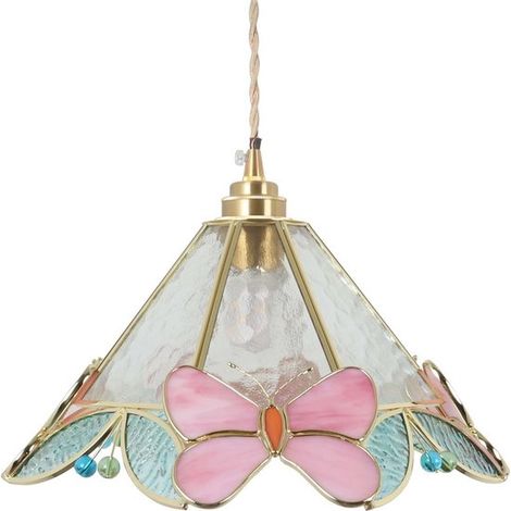 Lampadario Tiffany con motivo a farfalla e fiori, vetro colorato, prodotto Belle's (1/5)