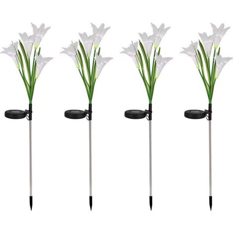 Juego de 4 luces solares con diseño de flor de lis, que cambian de color, con sensor nocturno, ideales para decorar jardines, patios y entradas de vehículos. (1/5)