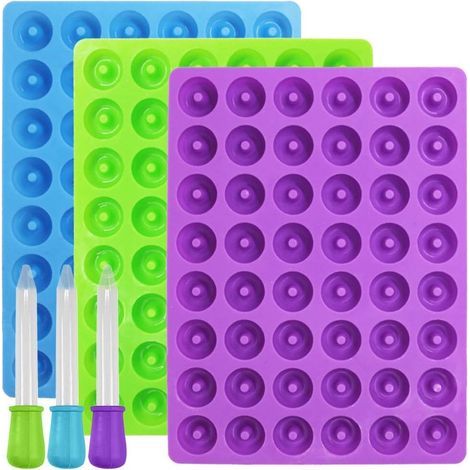 Set di 3 stampi in silicone YuCool per mini ciambelle, antiaderenti, adatti al contatto con gli alimenti, ideali per dolci, cioccolato, gelatine e cubetti di ghiaccio. Include 3 pipette (blu, verde e (1/5)