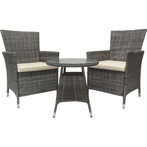 Conjunto de jardín exterior de 3 piezas: 2 sillones de mimbre de resina gris jaspeado y mesa redonda de cristal 100007921