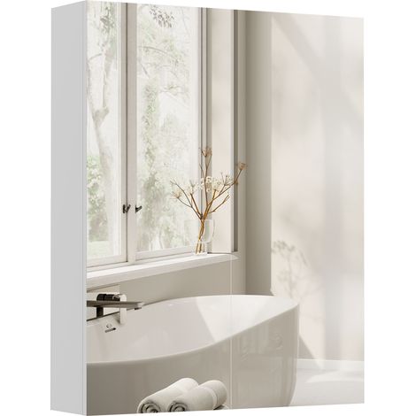 Armadietto Pensile da Bagno Due Ante con Specchiera e 2 Ripiani Interni, Mobiletto Bagno con Specchio e Soft Close in MDF, 60x15x75 cm, Bianco
