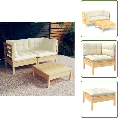 Salon de jardin 3 pcs avec coussins crème bois de pin - Salon De Jardin - Mobilier De Jardin - Ensemble De Jardin - Meubles De Terrasse - Chaise Longue (1/5)