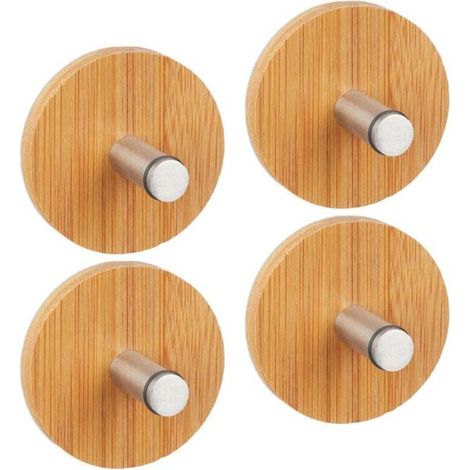 Lot de 12 crochets adhésifs ronds pour murs, salle de bain et cuisine, en acier inoxydable et bambou, porte-serviettes de cuisine, couleur naturelle. (1/4)