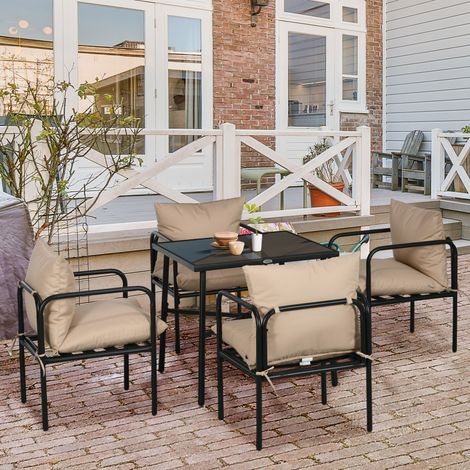 Salon pour jardin ensemble table et chaises 5 pièces 1 table à manger carrée et 4 chaises 4 coussins (1/4)