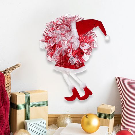 Couronne de Noël rouge avec lutin à longues pattes, décoration pour porte d'entrée, idéale pour le sapin et les fenêtres.
