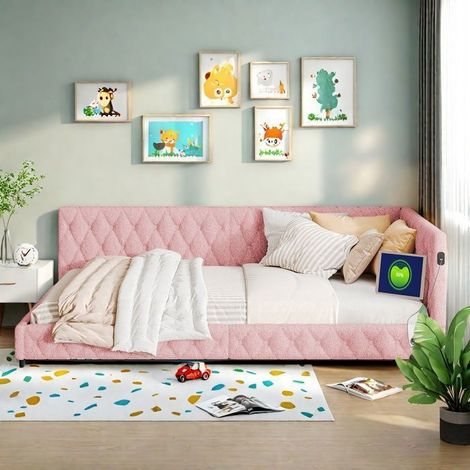 Doppelbett 140x200 cm mit Lattenrost, Schlafsofa, LED Erwachsenenbett, Weicher Rückenlehne, Dekorative Kopfteile mit Knopf und USB, Rosa Stoff