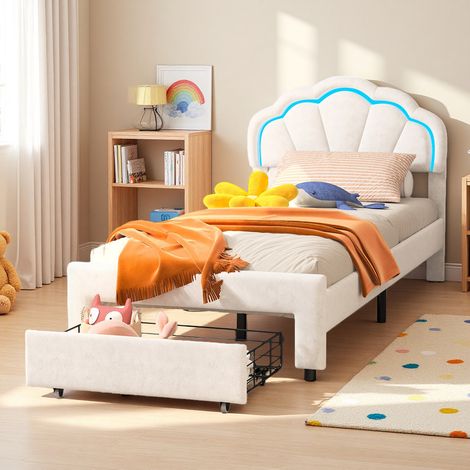 Lit enfant 90 x 200 cm avec sommier à lattes–Lit simple avec 2 tiroirs–Bande lumineuse LED réglable–Tête de lit réglable en hauteur –Tissu velours–Blanc