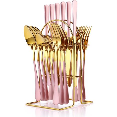 Lot de 24 couverts plats en acier inoxydable avec porte-couverts en argent, cuillères, fourchettes et couteaux, service de vaisselle pour 6 personnes, or miroir poli et laqué rose mat (or rose) (1/5)