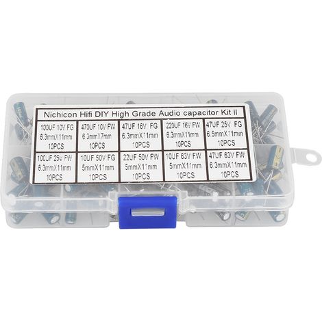 Set mit 100 hochwertigen Audiokondensatoren, Sortiment von 10 Werten (10V-63V, 10µF-470µF), zum Selbstbau. (1/5)