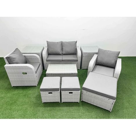 Fimous Light Grey PE Wicker Rattan Garden Furniture Set Sofa Set Reclining Adjustable Chair Rectangular Coffee Table 7 Seater 3 Stools 2 Side Table (1/4)