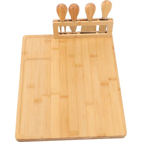 Planche à fromage/charcuterie rectangulaire en bambou, 3 compartiments séparés, facile à nettoyer, sans odeur, avec couteaux. (1/5)