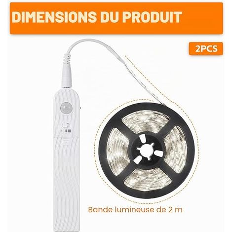 GAOUTO 2 bandes LED avec détecteur de mouvement, bande LED de 2 m, à piles, 6500 K, pour chambre à coucher, rechargeable par USB, lumière blanche (1/4)