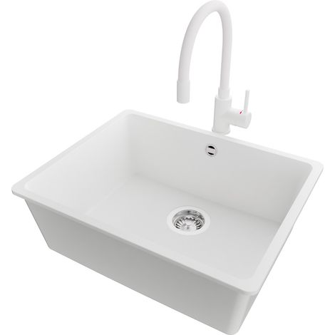 PRIMAGRAN Evier Sous Plan 56x44cm,Evier en Granit 1 bac + Robinet 38x14cm + Kit de Vidage, Évier au meuble 60cm - Venise Easy, Blanc (1/5)