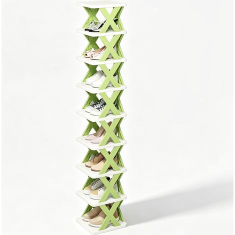 Étagère à chaussures étroite à 9 niveaux, meuble à chaussures vertical en plastique, gain de place, rangement à chaussures autoportant pour entrée et couloir, Vert (1/5)