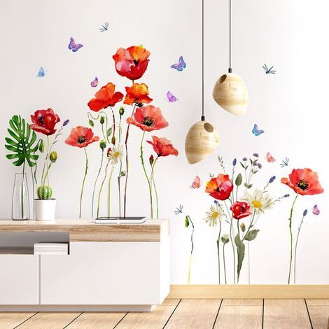 Wandtattoo mit roter Mohnblume, Wandtattoo mit Schmetterlingspflanze, Wandtattoos für Schlafzimmer, Wohnzimmer, Küche, Wanddekoration (1/4)