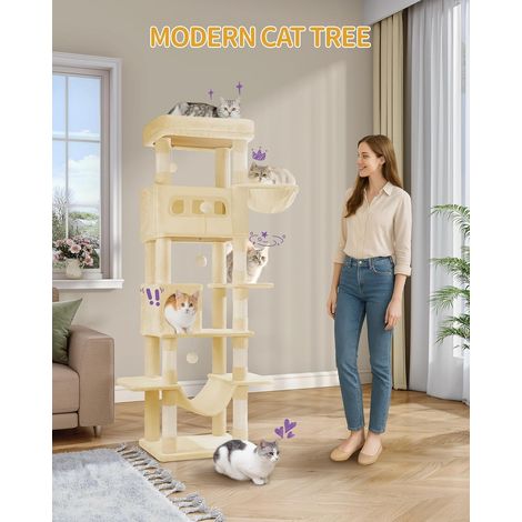 Arbre à chat 170 cm avec 2 niches et 8 griffoirs – Tapis lavable, hamac, pompons – Structure stable et sécurisée pour plusieurs chats