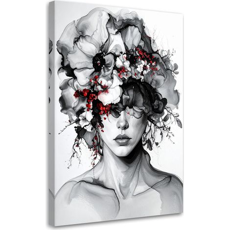 Cuadro sobre Lienzo Retrato en blanco y negro de mujer con corona de flores 20x30 (1/5)