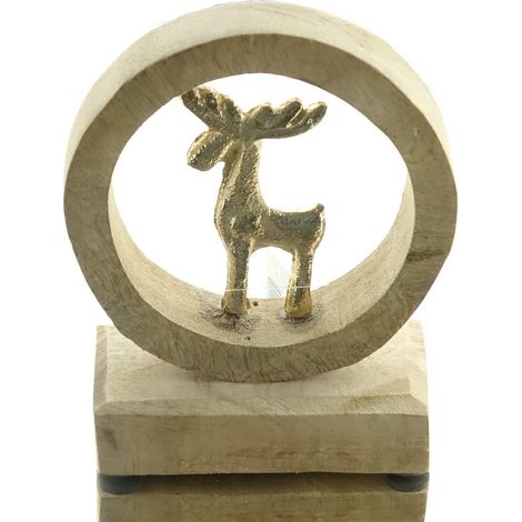 Weihnachstdeko Mahola Hirsch Goldfarben im Holzring auf Sockel 15 cm
