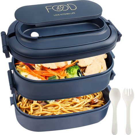 Lunch Box - 1550 ml - 2 Niveaux 3 Compartiments - Micro-ondes - Bleu - 1 Pièce (1/5)