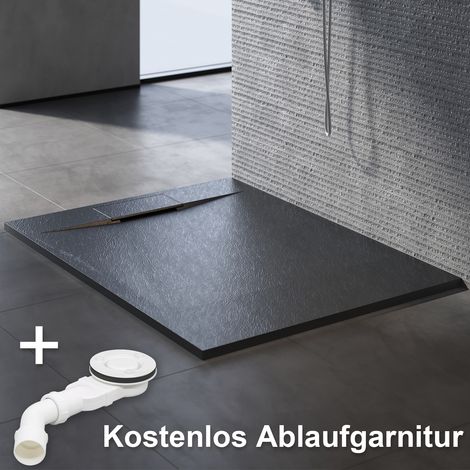 Duschwannen 140x90cm Flach Duschtasse hochwertige für Duschkabine Badezimmer SMC Schwarz 32mm Schiefer-Textur inkl.Ablaufgarnitur,Antirutsch,Schneidbaren Design (1/5)