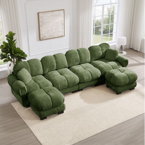 Divano angolare modulare a forma di U a 4 posti con 2 pouf mobili, tessuto in ciniglia verde, cuscini trapuntati. (1/5)