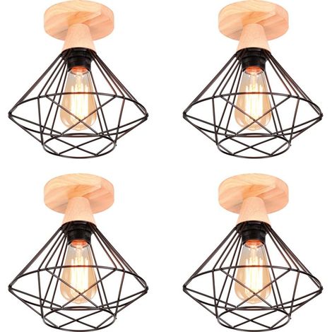 Lot de 4 Plafonnier Industriel en Métal et Bois Design Rétro Luminaire pour Escalier Couloir Entrée Noir (1/5)