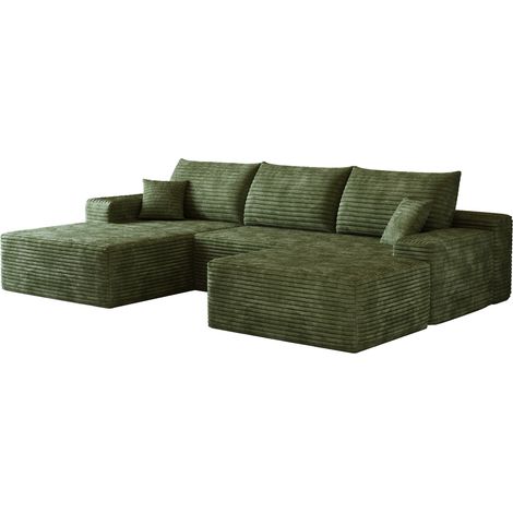 Divano angolare modulare 270 cm verde in tessuto a coste, senza montaggio, con chaise longue (1/5)
