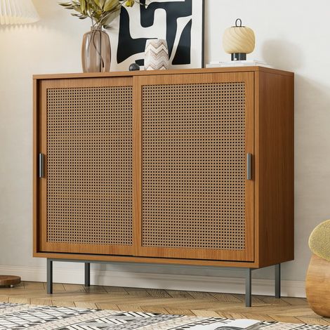 Credenza - 100x90x37 cm - Credenza bassa con 2 ante scorrevoli in rattan e ripiani regolabili - Noce